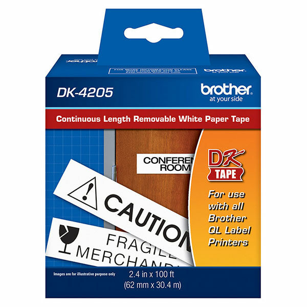Brother 62mm (2 3/7") Black on White Removable Continuous Length Paper Label Tape (30m/100') (1/Pkg)