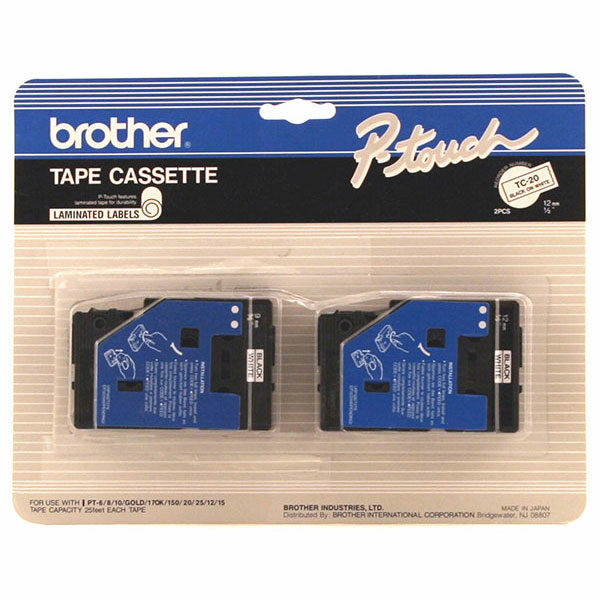 Brother 12mm (1/2") Black on White Laminated Tape (7.7m/25') (2/Pkg)