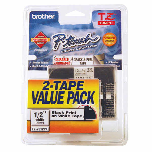 Brother 12mm (1/2") Black on White Laminated Tape (2 Pack of TZ231) (8m/26.2')
