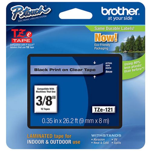 Brother 9mm (3/8") Black on Clear Laminated Tape (8m/26.2') (1/Pkg)