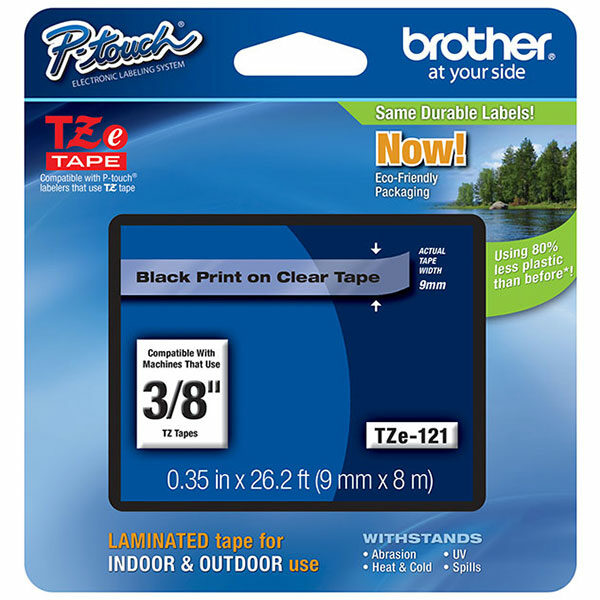 Brother 9mm (3/8") Black on Clear Laminated Tape (8m/26.2') (1/Pkg)