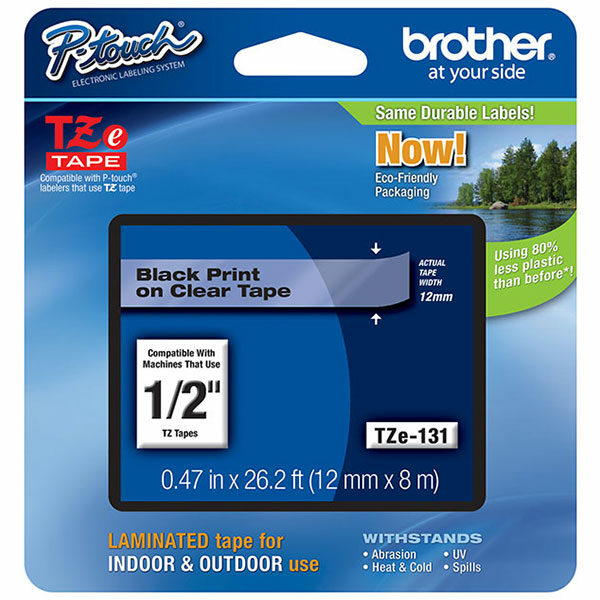 Brother 12mm (1/2") Black on Clear Laminated Tape (8m/26.2') (1/Pkg)