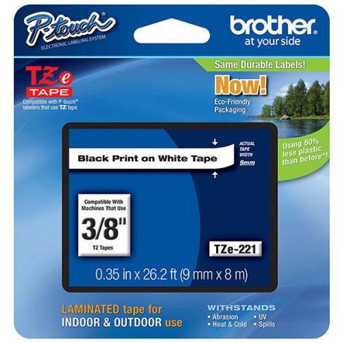 Brother 9mm (3/8") Black on White Laminated Tape (8m/26.2') (1/Pkg)