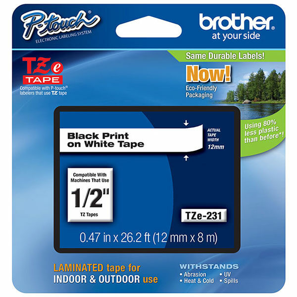Brother 12mm (1/2") Black on White Laminated Tape (8m/26.2') (1/Pkg)