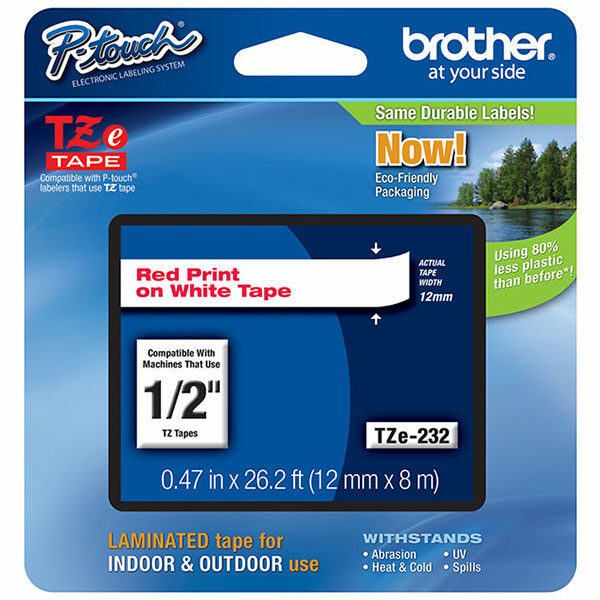 Brother 12mm (1/2") Red on White Laminated Tape (8m/26.2') (1/Pkg)