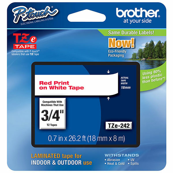 Brother 18mm (3/4") Red on White Laminated Tape (8m/26.2') (1/Pkg)