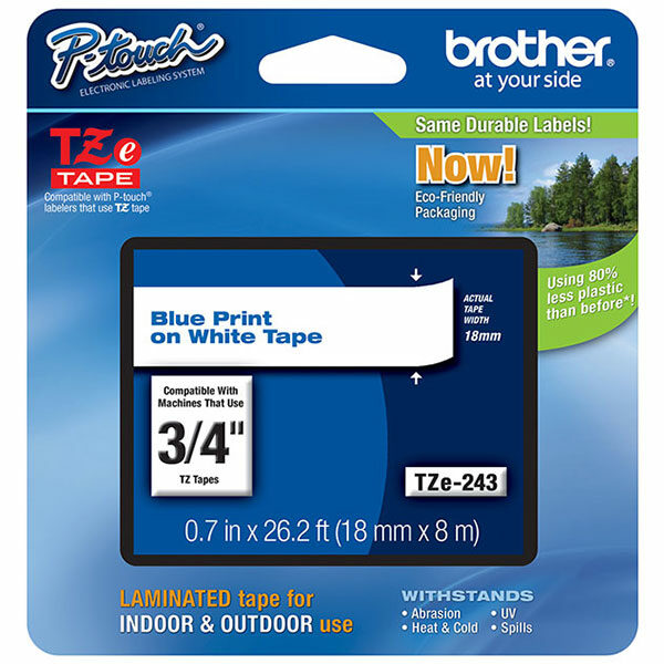 Brother 18mm (3/4") Blue on White Laminated Tape (8m/26.2') (1/Pkg)