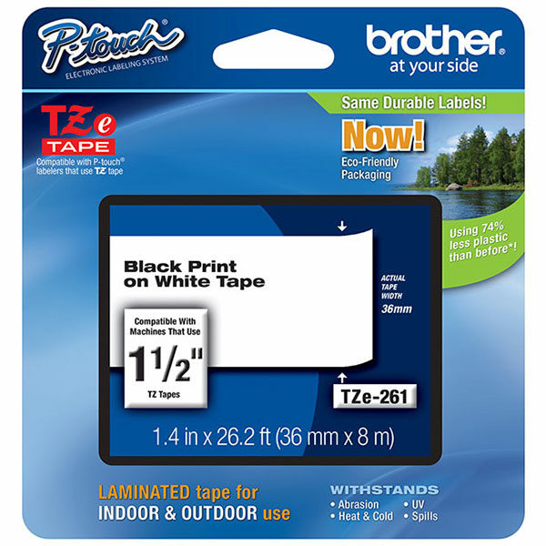 Brother 36mm (1 1/2") Black on White Laminated Tape (8m/26.2') (1/Pkg)