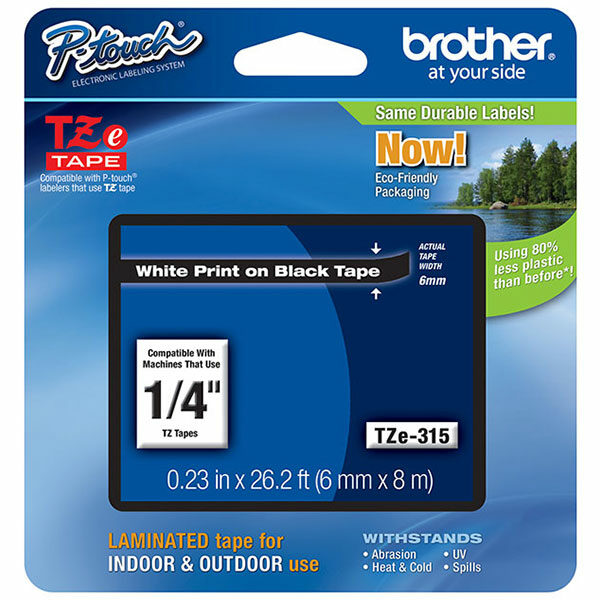 Brother 6mm (1/4") White on Black Laminated Tape (8m/26.2') (1/Pkg)