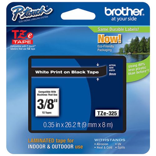 Brother 9mm (3/8") White on Black Laminated Tape (8m/26.2') (1/Pkg)