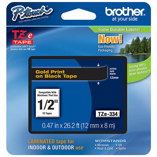 Brother 12mm (1/2") Gold on Black Laminated Tape (8m/26.2') (1/Pkg)