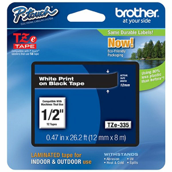 Brother 12mm (1/2") White on Black Laminated Tape (8m/26.2') (1/Pkg)