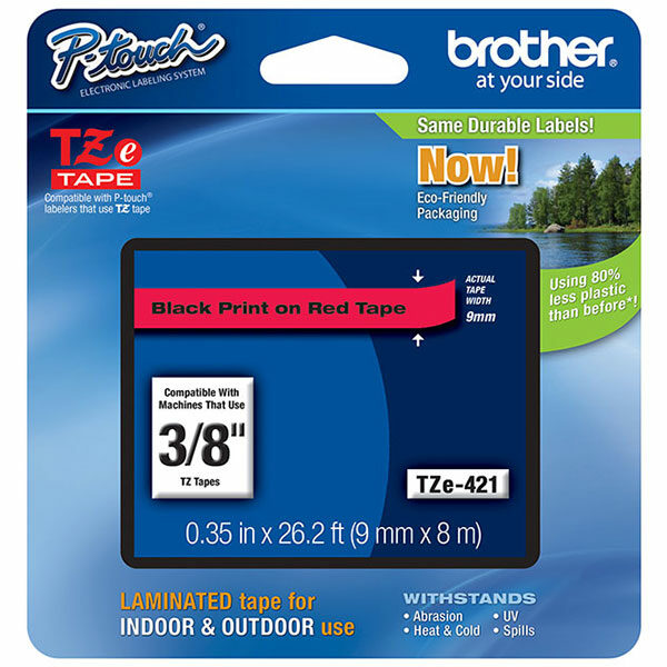 Brother 9mm (3/8") Black on Red Laminated Tape (8m/26.2') (1/Pkg)