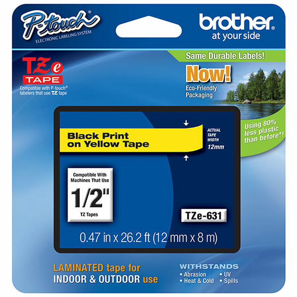 Brother 12mm (1/2") Black on Yellow Laminated Tape (8m/26.2') (1/Pkg)