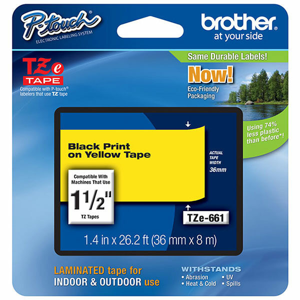 Brother 36mm (1 1/2") Black on Yellow Laminated Tape (8m/26.2') (1/Pkg)