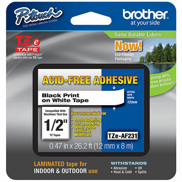 Brother 12mm (1/2") Acid-Free Black on White Tape (8m/26.2') (1/Pkg)