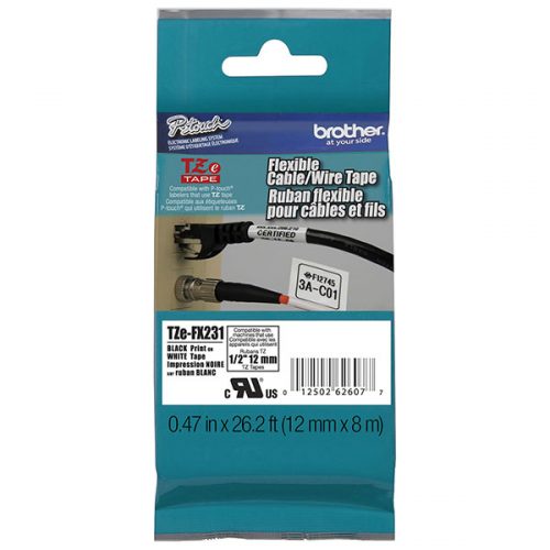 Brother 12mm (1/2") Black on White Flexible ID Super Adhesive Industrial Tape (8m/26.2') (1/Pkg)