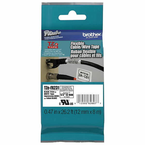 Brother 12mm (1/2") Black on White Flexible ID Super Adhesive Industrial Tape (8m/26.2') (1/Pkg)