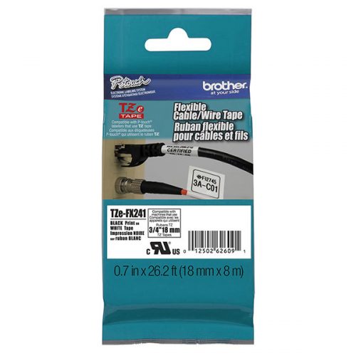 Brother 18mm (3/4") Black on White Flexible ID Super Adhesive Industrial Tape (8m/26.2') (1/Pkg)