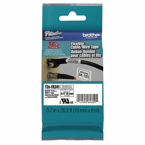 Brother 18mm (3/4") Black on White Flexible ID Super Adhesive Industrial Tape (8m/26.2') (1/Pkg)