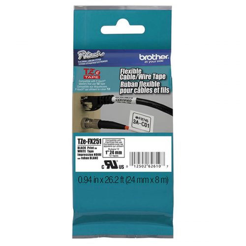Brother 24mm (1") Black on White Flexible ID Super Adhesive Industrial Tape (8m/26.2') (1/Pkg)