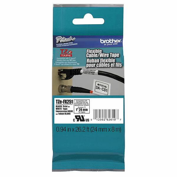 Brother 24mm (1") Black on White Flexible ID Super Adhesive Industrial Tape (8m/26.2') (1/Pkg)