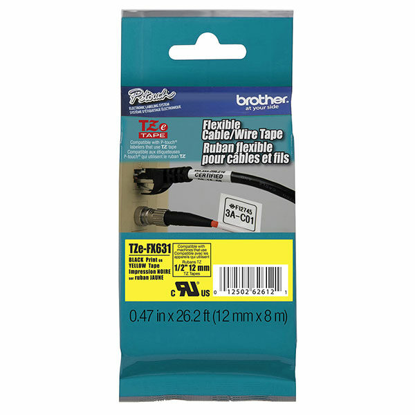 Brother 12mm (1/2") Black on Yellow Flexible ID Super Adhesive Industrial Tape (8m/26.2') (1/Pkg)