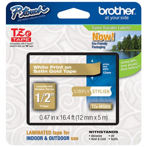 Brother 12mm (1/2") Simply Stylish White on Satin Gold Laminated Tape (5m/16.4') (1/Pkg)