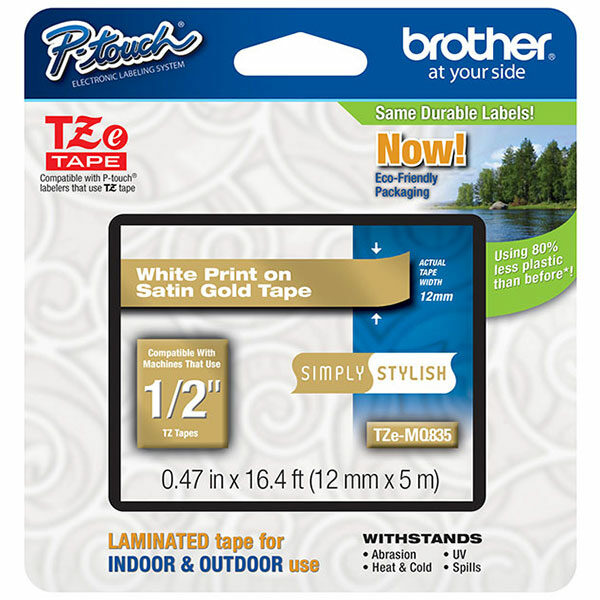 Brother 12mm (1/2") Simply Stylish White on Satin Gold Laminated Tape (5m/16.4') (1/Pkg)