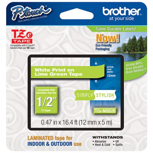 Brother 12mm (1/2") Simply Stylish White on Lime Green Laminated Tape (5m/16.4') (1/Pkg)