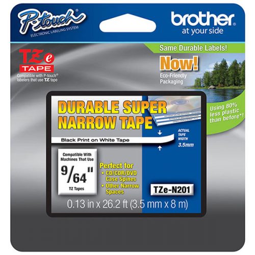 Brother 3.5mm (9/64") Super Narrow Black on White Non-Laminated Tape (8m/26.2') (1/Pkg)