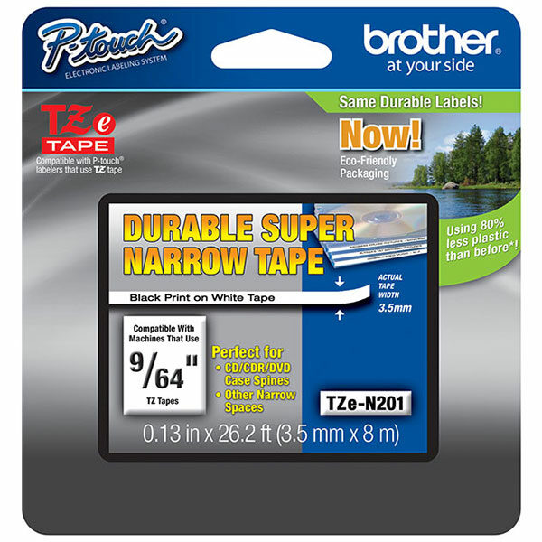 Brother 3.5mm (9/64") Super Narrow Black on White Non-Laminated Tape (8m/26.2') (1/Pkg)