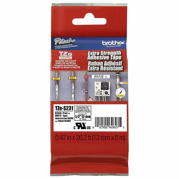 Brother 12mm (1/2") Black on White Extra Strength Super Adhesive Industrial Tape (8m/26.2') (1/Pkg)