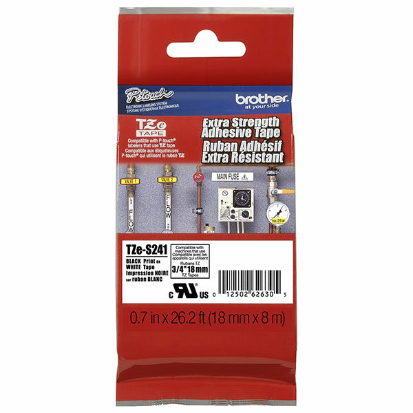 Brother 18mm (3/4") Black on White Extra Strength Super Adhesive Industrial Tape (8m/26.2') (1/Pkg)