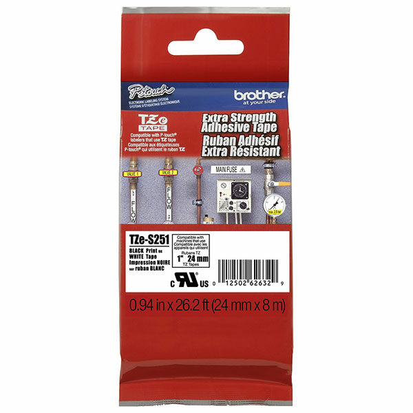Brother 24mm (1") Black on White Extra Strength Super Adhesive Industrial Tape (8m/26.2') (1/Pkg)