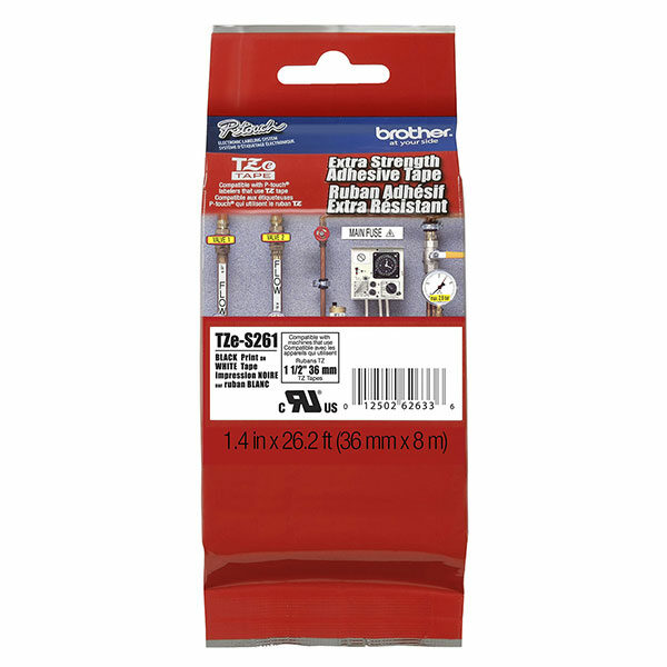 Brother 36mm (1 1/2") Black on White Extra Strength Super Adhesive Industrial Tape (8m/26.2') (1/Pkg)