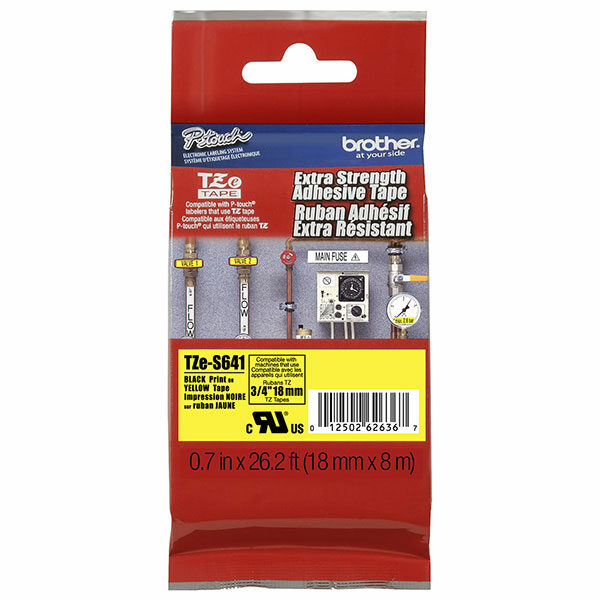 Brother 12mm (1/2") Black on Yellow Extra Strength Super Adhesive Industrial Tape (8m/26.2') (1/Pkg)