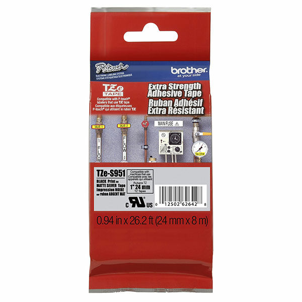 Brother 24mm (1") Black on Matte Silver Extra Strength Super Adhesive Industrial Tape (8m/26.2') (1/Pkg)